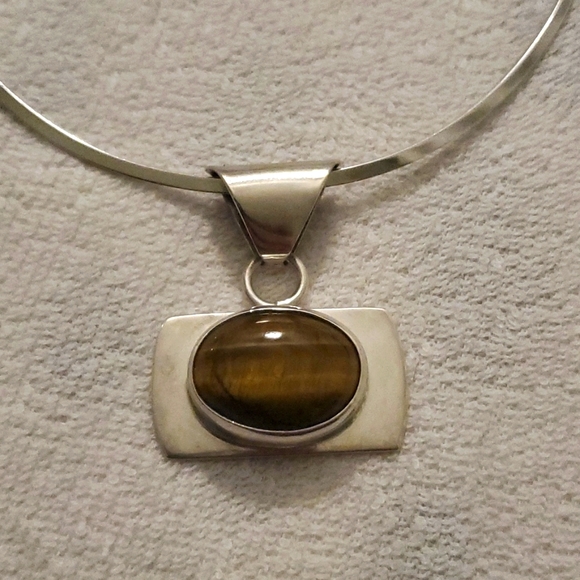 EUC VINTAGE STERLING SILVER  TIGER'S EYE PENDANT - Picture 1 of 12